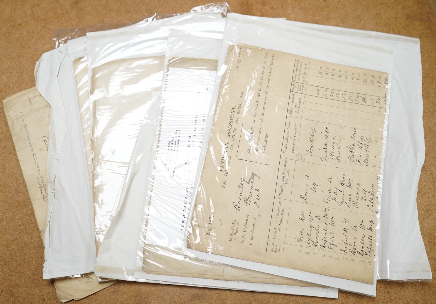 Kent 19th Century Taxation - Bromley Land Tax Assessment, 1895: 4pp. printed sheets, tall folio, headed and ruled in 8 columns, full ms. details infill, summary, approx. 74 occupiers names, signatures of assessors, local